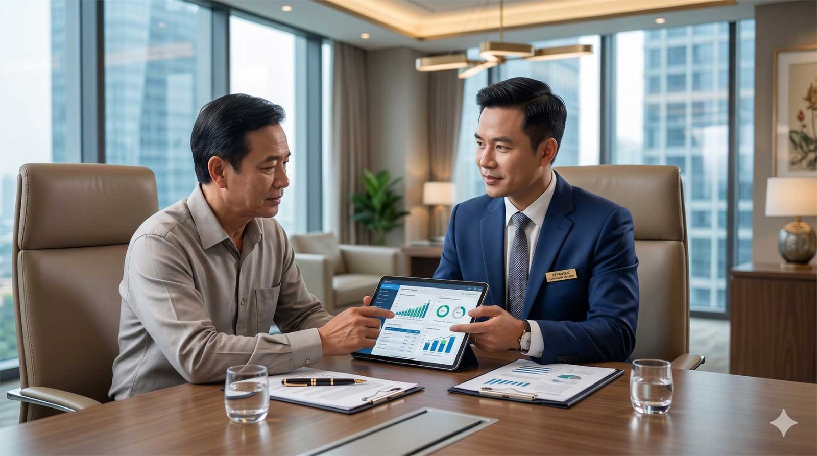 Chuyên viên tư vấn đầu tư tài chính đọc báo cáo và tư vấn cho khách hàng VIP tại Phú Thọ